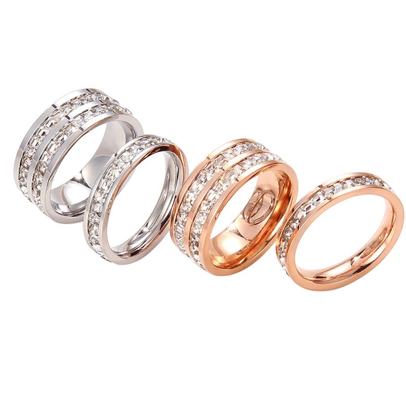 INS Rings Titanium Steel Couple Single And Double Row Diamond Ring - Image 6