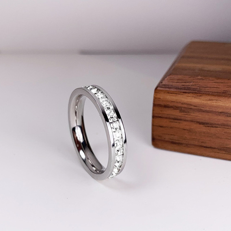 INS Rings Titanium Steel Couple Single And Double Row Diamond Ring - Image 7